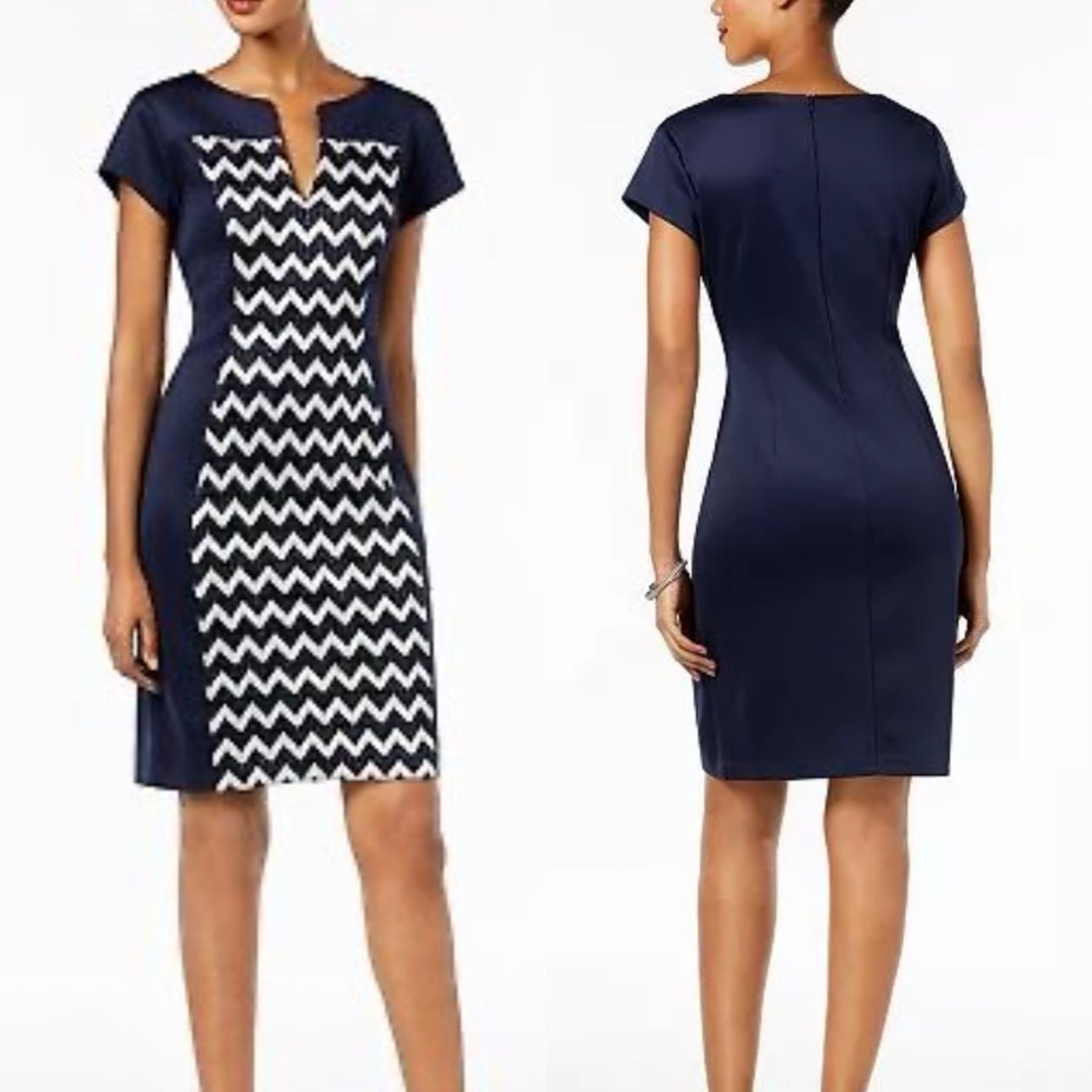 Connected Apparel Navy Sheath Metallic Chevron Split Neck Dress Size 6 - NWOT